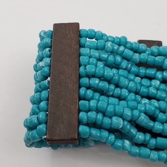 Faux Turquoise Beaded Bracelet Wood Brown Southwes - Picture 3 of 8